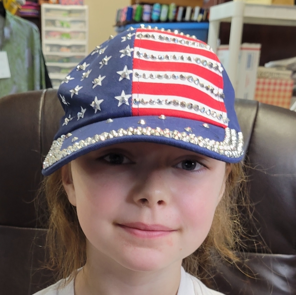 Patriotic Rhinestone & Studded Cap - Model Has a 22" Head